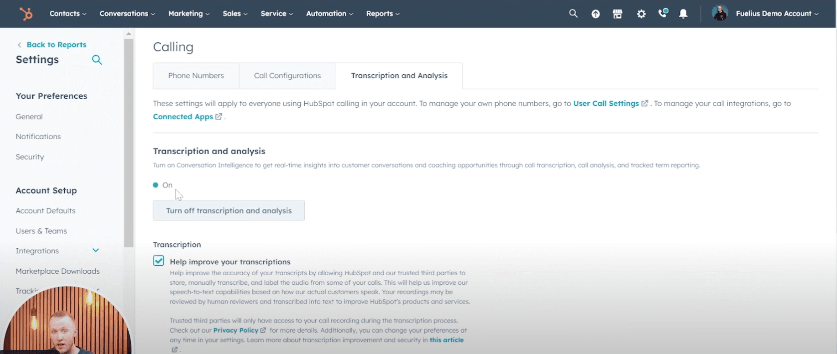 hubspot call tracking and transcription